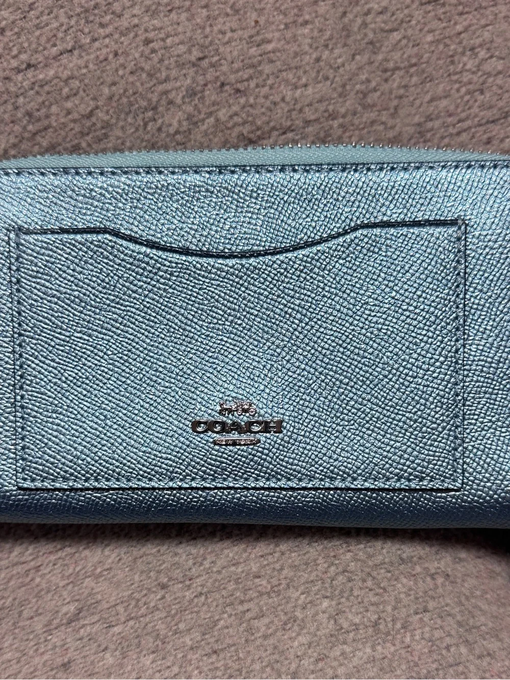 Coach Metallic Light Blue Card Holder Zip Wallet